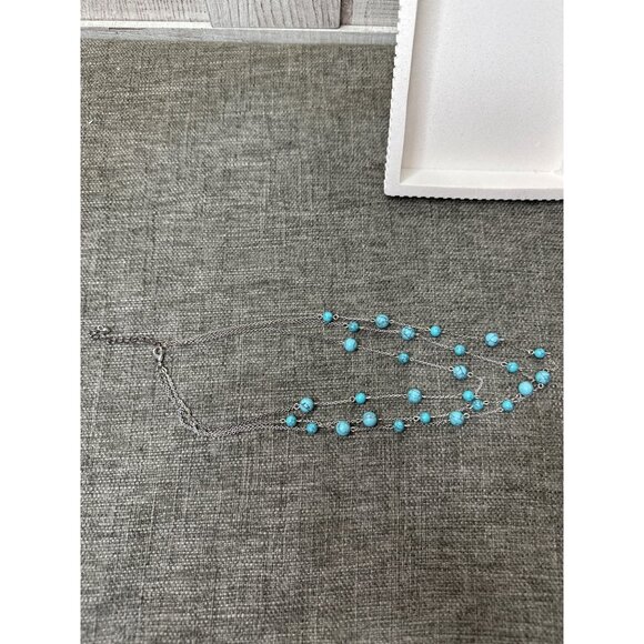 Layered Turquoise Bead Necklace w/ Silver Chain Adjustable Length Women Fashion - Picture 2 of 5
